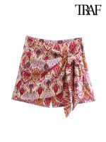 TRAF Women Fashion With Knotted Totem Print Shorts Skirts Vintage High Waist Side Zipper Female Skirts Mujer