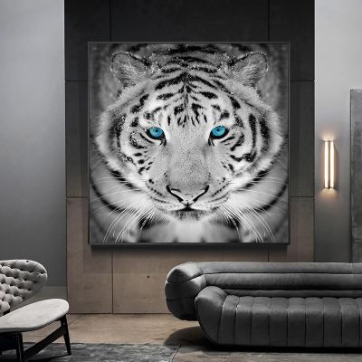 เสือสีดำและสีขาวที่มีตาสีฟ้าภาพวาดผ้าใบโปสเตอร์สัตว์ป่าภาพศิลปะบนผนังการตกแต่งสำหรับห้องนั่งเล่น Cuadros Heyuan ในอนาคต
