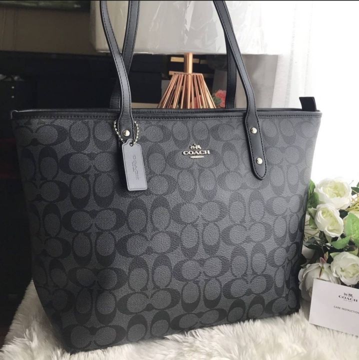 Coach F58292 City Zip Tote in Smoke Signature Coated Canvas and Black ...