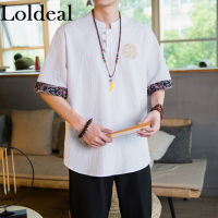 Loldealเสื้อยืดผู้ชายแขนสั้นสไตล์จีน,เสื้อผ้าฝ้ายลินินปักลายคอตั้งทรงสลิมฟิตแบบลำลอง