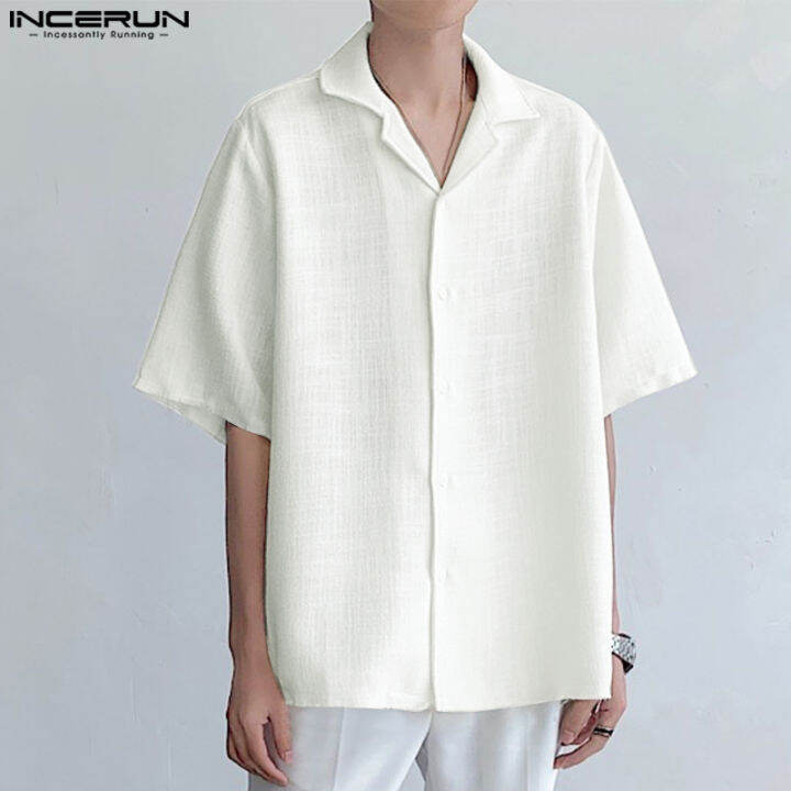 incerun-เสื้อผู้ชายแขนสั้นมีกระดุมแบบเรียบ-เสื้อคอปกลำลอง-สไตล์เกาหลี