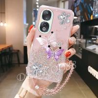 เคสสำหรับ Honor สมาร์ทโฟน90 Lite Pro 5G Honor90 90 Lite 2023ใหม่เคสมือถือน่ารักผีเสื้อบินสองตัวตกแต่งด้วยครอบโลหะเจลกากเพชรสายคล้องมือ