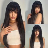 HENRY MARGU Long Straight Dark Black Synthetic Wigs with Bangs Natural Daily Hair for Women Cosplay Party Heat Resistant Wigs