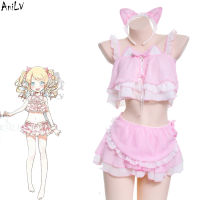 AniLV Anime Lolita Cats Girl Maid Swimsuit Costume Cute Pink Cat Ears Swimwear Uniform Pool Party Cosplay