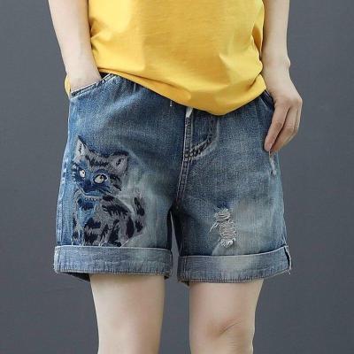 [Spot] elastic waist embroidered denim shorts for women loose high waist slimming leisure ripped straight short pants 2023