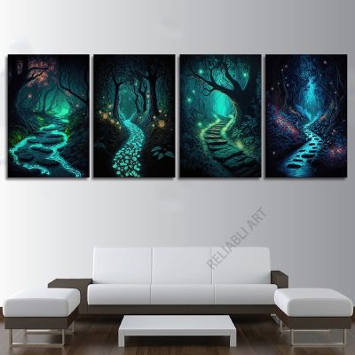 Fantasy Forest ภาพวาดผ้าใบ Wall Art Black Tree โปสเตอร์และภาพพิมพ์สำหรับตกแต่งห้องนั่งเล่น Magic Shining Path