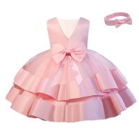 ZZOOI Baby girl dress elegant kids evening princess dress bow mesh cake dress with headwear 2 pieces birthday party flower girl dress