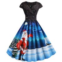 HOT★Santa Claus พิมพ์ Vintage Women Christmas Party Dress Robe Femme 3XL Casual V คอฤดูหนาว Midi Vestidos