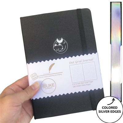 Kawaii MOON CAT Dotted Journal Cute Dot Grid Notebook, 180gsm Thick White Paper, Black Color Waterproof Fabric Cover