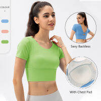 หญิงกีฬา Cropped Tops แขนสั้นเสื้อยืดเทนนิสเซ็กซี่ Backless เทนนิส Yago Active Wear ผู้หญิงเสื้อยิมหน้าอก Pad