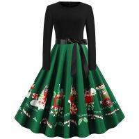 Womens Christmas Elegant Retro Positioning Printing A-Line Big Swing Dress