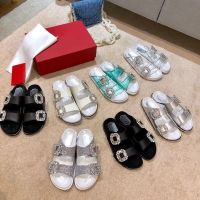 2023 Roger vivierˉSummer New Sandals Water Diamond Button Sandals with Fashion Ribbon Open Toe Flat Shoes