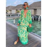 jkk Deep V-Neck Dresses Lantern Sleeve Printed Female Beach Cover Up Robe