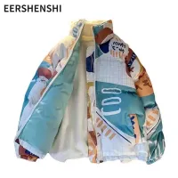 EERSHENSHI Double-Sided ผ้าฝ้ายเบาะเสื้อผ้าฤดูใบไม้ร่วงและฤดูหนาวพิมพ์ผ้าฝ้ายเสื้อผ้าหนาอบอุ่นหลวมคอสูงขนมปังเสื้อแจ็คเก็ตคู่สวมใส่