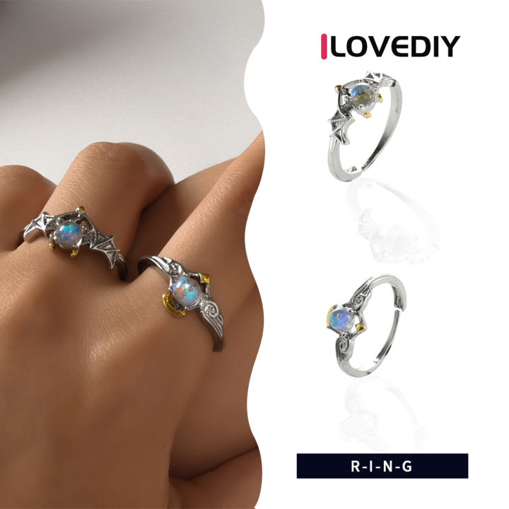 ilovediy-แหวนคู่นางฟ้าเดวิลมูนสโตนปรับได้เปิดของขวัญแหวนแฟชั่นเครื่องประดับคู่รัก