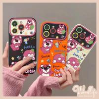 เคสกรอบเลนส์ลายการ์ตูนรูปหมีสตรอเบอร์รี่ Lotto ใช้ได้กับ IPhone 11 7Plus 13 14 12 15 11 Pro Max X XR 8 6 7 6S 15 Plus SE 2020 XS MAX น่ารักปลอกคู่รักนิ่มกันกระแทก