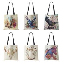 Women Canvas Tote Bag Print Deer Cat Flower Kawaii Reusable Shopper Shoulder Bag Kawaii Harajuku Casual Large Capacity Handbag