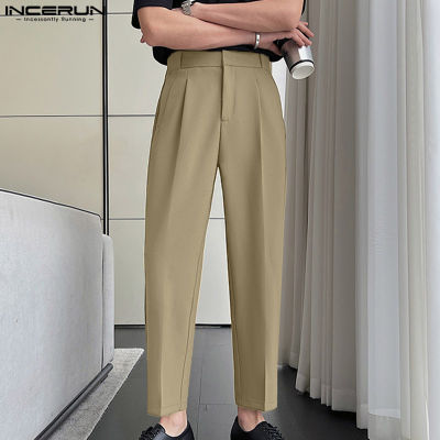 INCERUN กางเกงลำลองเอวสูงสีพื้นสำหรับผู้ชายกางเกงทรงตรง (สไตล์เกาหลี)