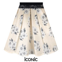 iCONiC CREAM FOAM SKIRT #5865 กระโปรง สีครีม ผ้าสปอร์ต พิมพ์ลาย ดอกไม้ เอว27-28" ยาว25" กระโปรงบาน กระโปรงทำงาน กระโปรงออกงาน กระโปรงแฟชั่น