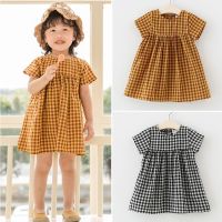 2022 New Girls Clothes Summer Short Sleeve Yellow Black Princess Dress Kids Fashion Cotton Plaid 1-6t Children Party Dress