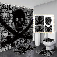 Black Skull Skeleton Printed Shower Curtain Set Horrible Halloween Festival Bathroom Curtain Sets Decor Pedestal Rug Lid Car