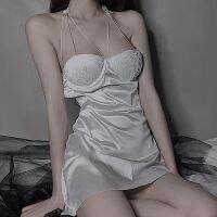 【 WYIN kitchen】 Sexy Lace Nightwear with Chest Pad Silk Beauty Back Slip Nightdress Leisure Underwire Bra Summer Sleepwear Lingerie Mini Dress