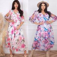 Summer v-neck printed with waist dress of 7 minutes of sleeve split