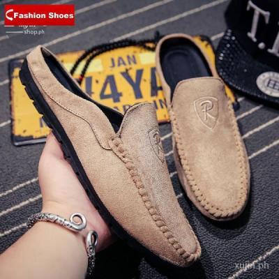 ◙☌ Canvas Shoes Korean style Half-Support Canvas Summer Mens Slipper Leather Shoes Trendy Heel-Free Mens Shoes Casual Lazy Slippers Breathable Peas Shoes