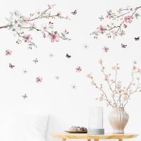 Watercolor Pink Peach Blossom Branches Butterfly Wall Stickers for Living Room Bedroom Girl Room Wall Decals Home Decorative Wall Stickers  Decals
