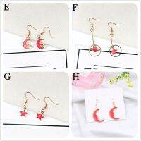 【Ready Stock】Pink Series Ins Starry Sky Pentagram Star Moon Long Asymmetric Earrings