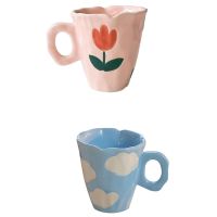 Handmade Ceramic Mugs Hand Painted Tulip and Cloud Irregular Coffee Cup for Tea Milk Gifts Cup