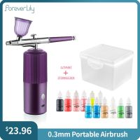 Foreverlily 0.3mm Air Compressor Kit DIY Cake Tattoo Airbrush Multi-Function Nano Fog Mist Sprayer Gun with 12pcs Nail Art Inks