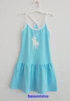 ชุดเดรส สายเดี่ยว สีฟ้า ด้านหน้าสกรีนรูปม้าโปโล size : 4 (3-4y) / 6 (4-6y)