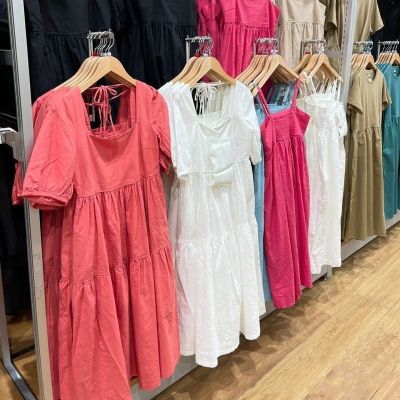 UNIQLO U Family Womens Summer Linen Blended Lantern Sleeve Shirred Dress Square Collar Tie Skirt Long Skirt 461802