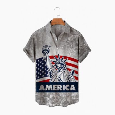 ♦เสื้อแฟชันธงชาติอเมริกัน22-23เสื้อแขนสั้นชาติพันธุ์ลำลองฤดูร้อนเสื้อฮาวายมีปกอินทรีผู้ชายเสื้อเชิ้ตลำลองสั่งทำ