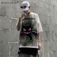 MAYCHEER เสื้อยืดแขนสั้นสีเข้มแนวสตรีทแฟชั่นฮิปฮอปทรงหลวมแขนสั้นคู่