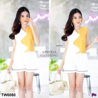 P6080 	เซตเสื้อแขนกุดสีทูโทน+กางเกงขาสั้นแต่งกุ้น  Two-tone sleeveless top + shorts set