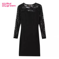 Women Lace Dress Bottoming Skirt Round Neck Hollow Design Rose Pattern Mid-length Solid Color Long-sleeved Bodycon Dress for Casual Formal Party Wearing