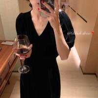 Velvet Black Midi Dresses for Women Korean Chic Autumn Hepburn V-neck Robe Slim Waist Slim Temperament Vestido De Mujer