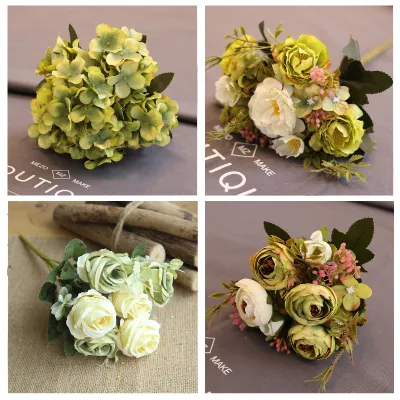 Green Artificial Flowers Peony Tea Rose Autumn Silk Fake Flowers for DIY Living Room Home Garden Wedding Decoration Artificial Flowers  Plants