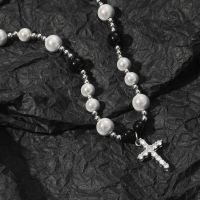 Necklace Black And White Reflective Pearl Cross Necklace Stainless Steel Abs Pearl Mens Clavicle Chain