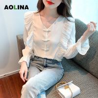 AOLINA 2023เสื้อผู้หญิงสไตล์ฝรั่งเศสอ่อนหวานและชิคดีไซน์เสื้อชิฟองสีขาวสำหรับฤดูใบไม้ผลิ