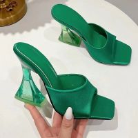 Summer Green Womens Shoes Slippers Silky Wide Band Transparent Strange High Heels Comfortable PU Leather Slides Sandals Pumps