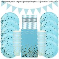 ชุดเครื่องใช้สำหรับโต๊ะอาหารแบบใช้แล้วทิ้งอุปกรณ์ตกแต่งงานวันเกิดชุดถ้วยหลอดดูดกระดาษแผ่นแบนเนอร์ของตกแต่งปาร์ตี้วันเกิดเด็กผู้ชายเด็กเล็กเด็กผู้หญิงผู้ใหญ่