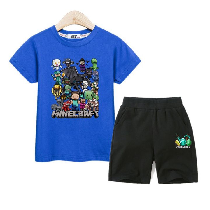 เสื้อผ้า-minecraft-เด็กเสื้อยืดและกางเกงขาสั้น-2-piece-suit-kid-clothes-minecraft-boy-set