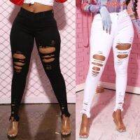 COD dsfgerrety Plus Size S-3XL Women Ripped Jeans Spring Summer Autumn Fashion Casual Sexy Hole Distressed High Waist Slim Skinny Stretch Elastic Pencil Denim Pants Blue Black White