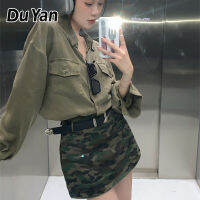 Du Yan กระโปรงสั้นเสื้อเดนิมผู้หญิง,มีปกอเมริกาแบบย้อนยุคชุดทำงานกระโปรงทรงเอลายพราง