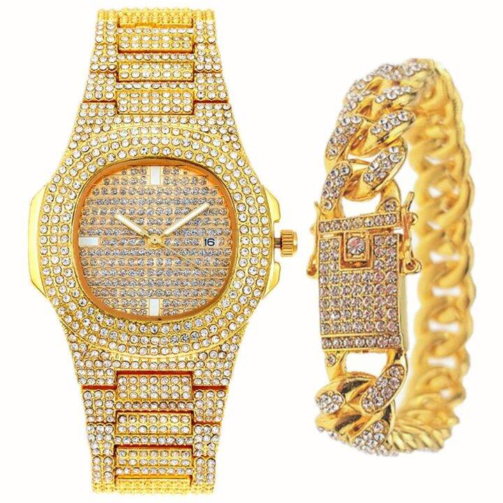 hot-seller-the-same-watch-for-men-and-women-cuban-bracelet-set-starry-hip-hop-diamond-encrusted-european-fashion-with-diamond-gold-trendy