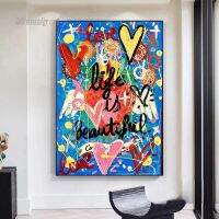 สีสัน Love Hearts ภาพวาดผ้าใบ Life Is Beautiful Graffiti Art โปสเตอร์พิมพ์บทคัดย่อ Pop Art ภาพผนัง Home Room Decor