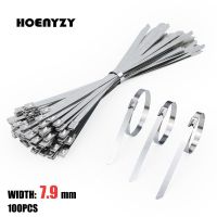 100Pcs 304 Stainless Steel Cable Ties Width 7.9mm Heavy Duty Self-Locking Multi-Purpose Metal Exhaust Wrap 100/200/300/500/550mm Cable Management